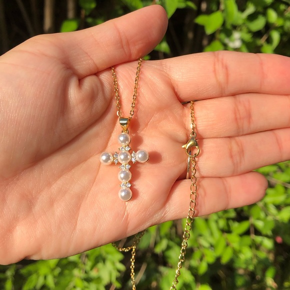 Jewelry - 18K Gold Plated Pearl and Diamond Cross Necklace